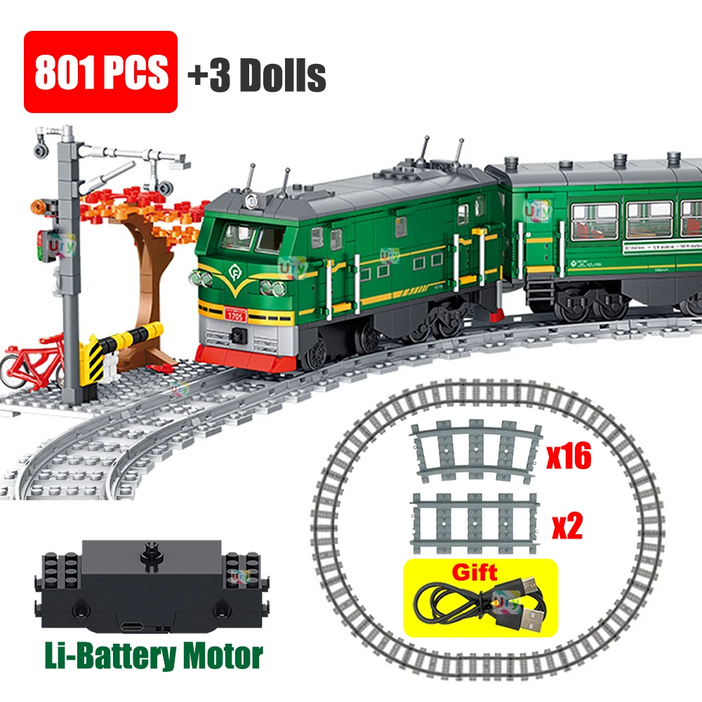 Lego Set City - Technisches Retro-Grün-Dampfzug-Stadtauto-Elektromodell mit wiederaufladbarem Lithium-Akku-Motor, Bausteine,